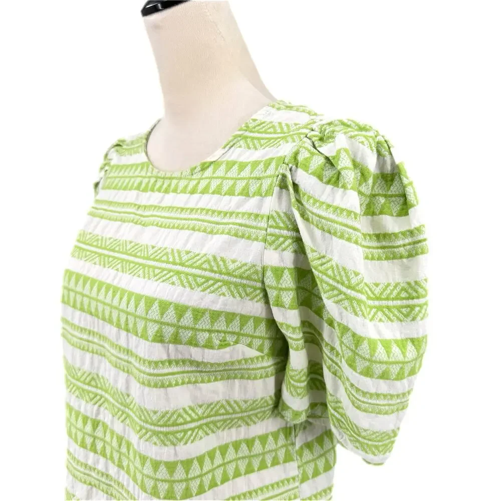 Anthropologie Amadi White Green Striped 100% Cotton Puff-Sleeve Casual Blouse